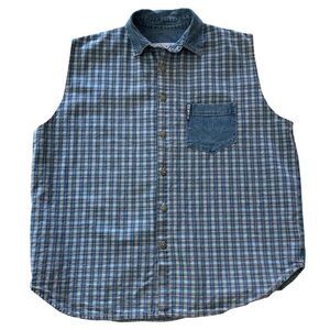 Vintage E.N.U.F. International Plaid Denim Blue Button Down Sleeveless Shirt